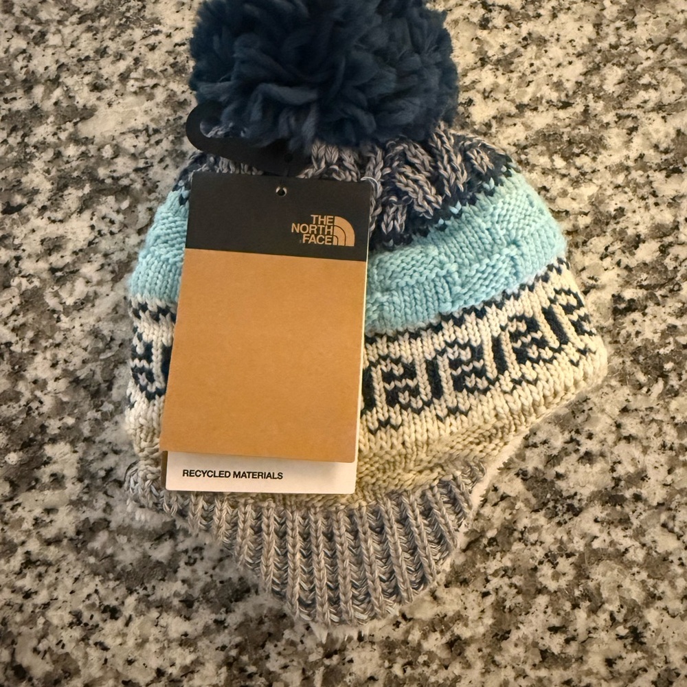 The North Face Kids' Blue and Cream Knit Beanie